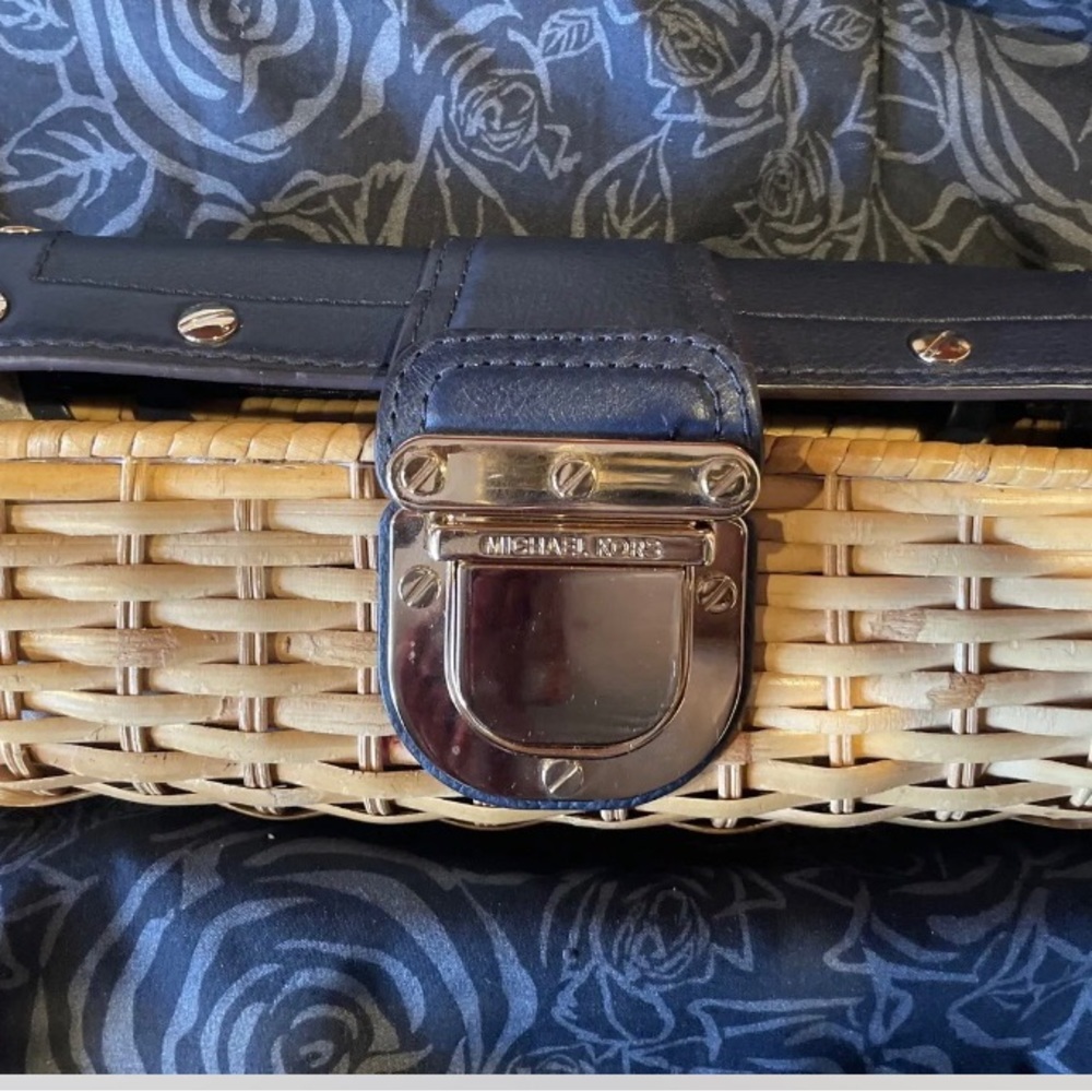 Michael Kors Woven Straw Clutch with Navy Blue Trim and Gold Hardware